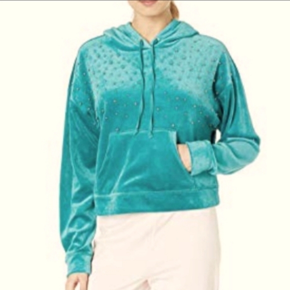 JUICY COUTURE BLACK LABEL TEAL GREEN STUDDED VELOUR HOODED PULLOVER WOMEN XL Y2K - Picture 1 of 12